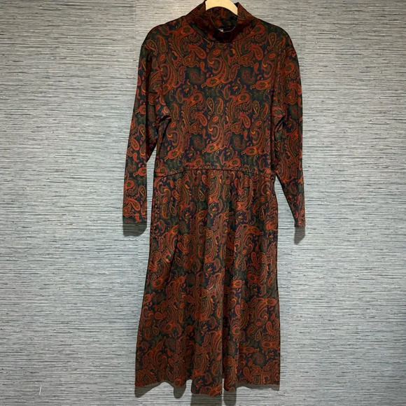 Vintage 80s Land's End Petite Large Cotton Turtleneck Paisley Midi Dress Modest - Picture 1 of 6